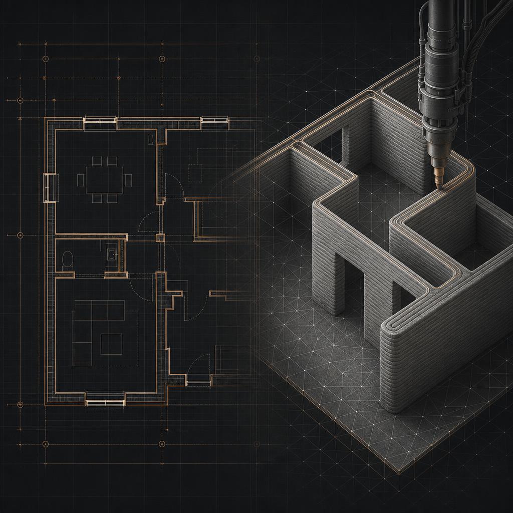 2D plan and 3D printed wall collage in the app's style